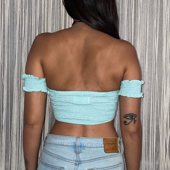 Cropped Off The Shoulder Mint Polka Dot Shirt - Picture 2 of 4